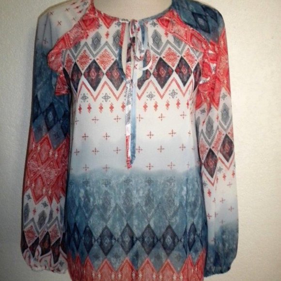 BCBG MAX AZRIA MS SIZE SMALL BLUSH COMBO SPLIT NECK CHIFFON PEASANT BLOUSE - Picture 1 of 9